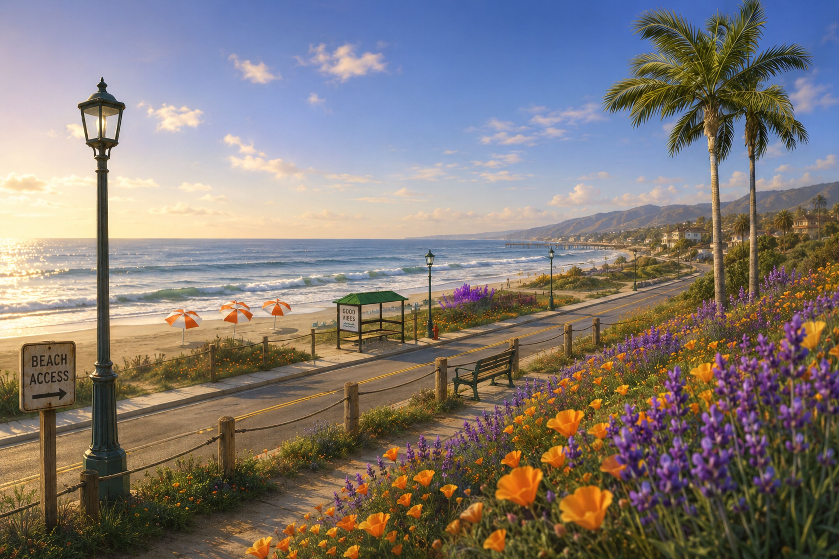 Southern California beach boardwalk at sunset
